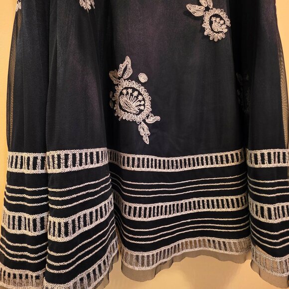 Nygard Collection Flared Navy Blue w/ White Embroidery Flowers w/ Sheer Overlay - Picture 2 of 6